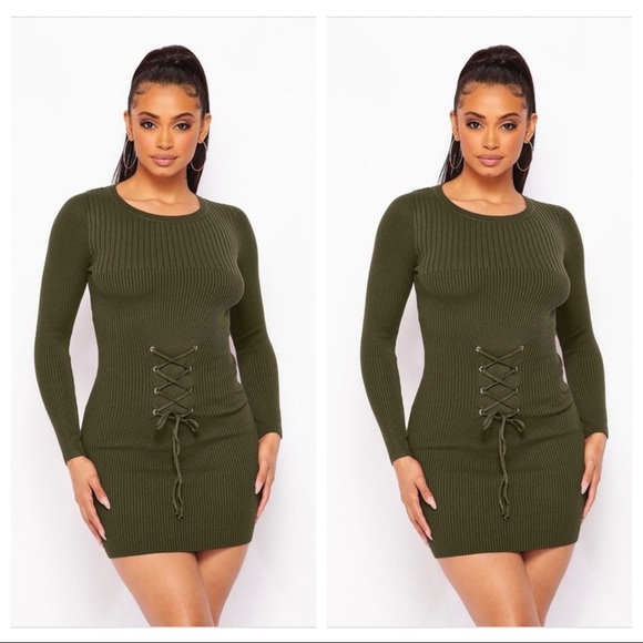 LONG SLEEVE OLIVE GREEN RIBBED SWEATER KNIT FRONT LACE UP WAIST BELT MINI DRESS - Picture 1 of 5